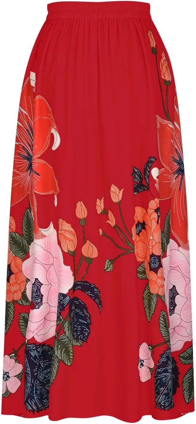 Womens Casual High Waist Skirts Vintage Boho Floral Print Loose Fit Pleated Swing Flowy Long Maxi Skirt with Pockets