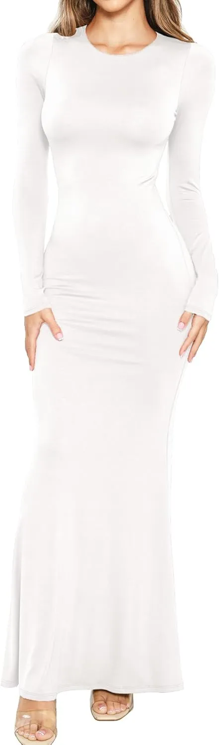 Womens Crew Neck Long Sleeve Maxi Dress Elegant Bodycon Mermaid Long Dress