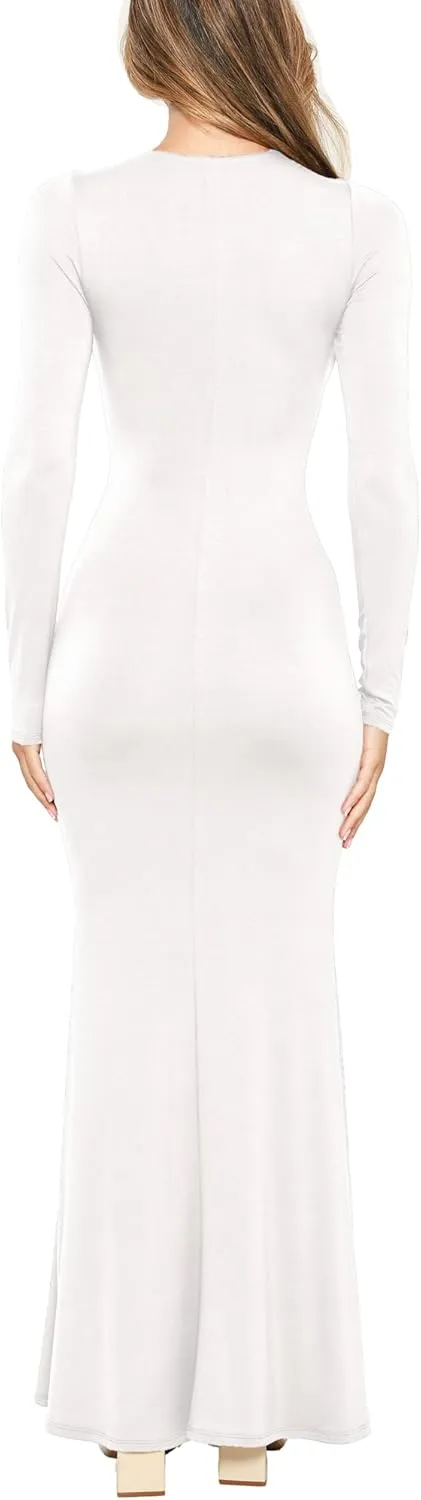 Womens Crew Neck Long Sleeve Maxi Dress Elegant Bodycon Mermaid Long Dress