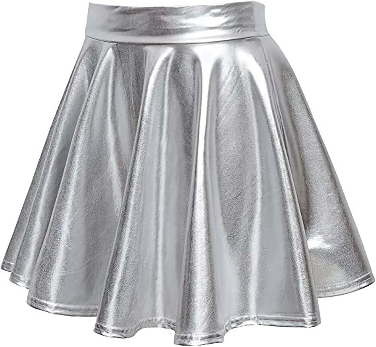 Women's Glossy PVC Leather Flared Skirt Shiny Glitter Holographic A Line Mini Skirts Nightclub Rave Pleated PU Skirt
