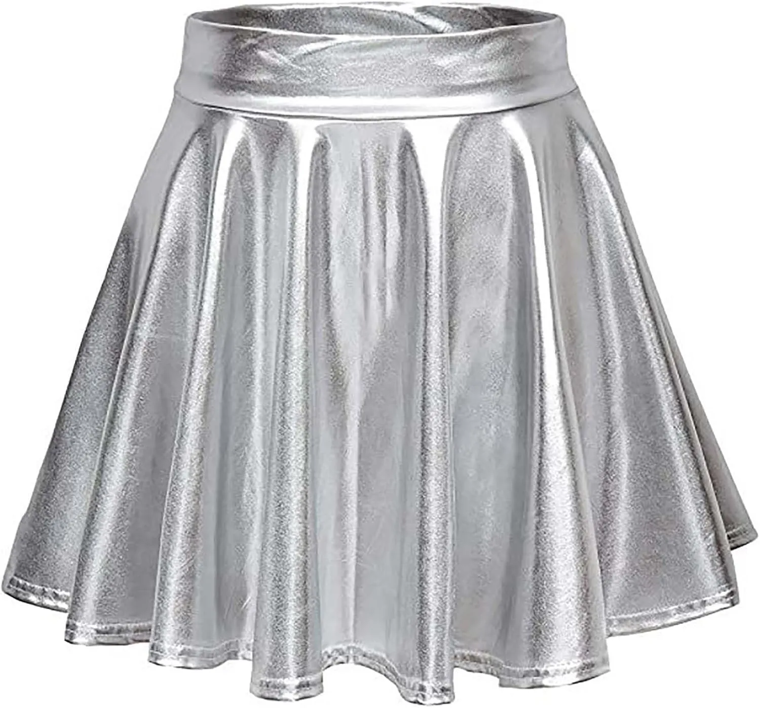 Women's Glossy PVC Leather Flared Skirt Shiny Glitter Holographic A Line Mini Skirts Nightclub Rave Pleated PU Skirt