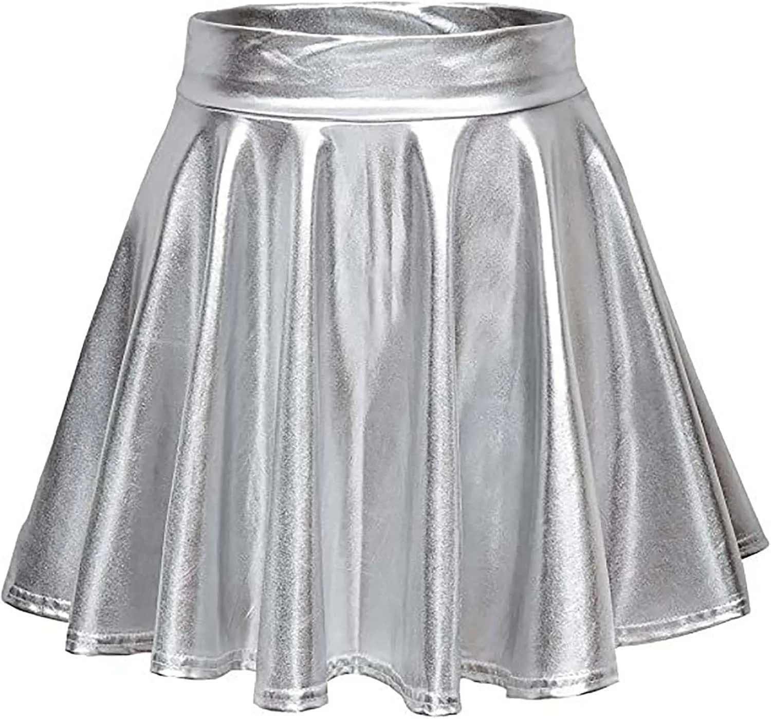 Women's Glossy PVC Leather Flared Skirt Shiny Glitter Holographic A Line Mini Skirts Nightclub Rave Pleated PU Skirt