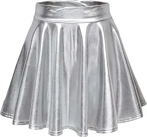 Women's Glossy PVC Leather Flared Skirt Shiny Glitter Holographic A Line Mini Skirts Nightclub Rave Pleated PU Skirt