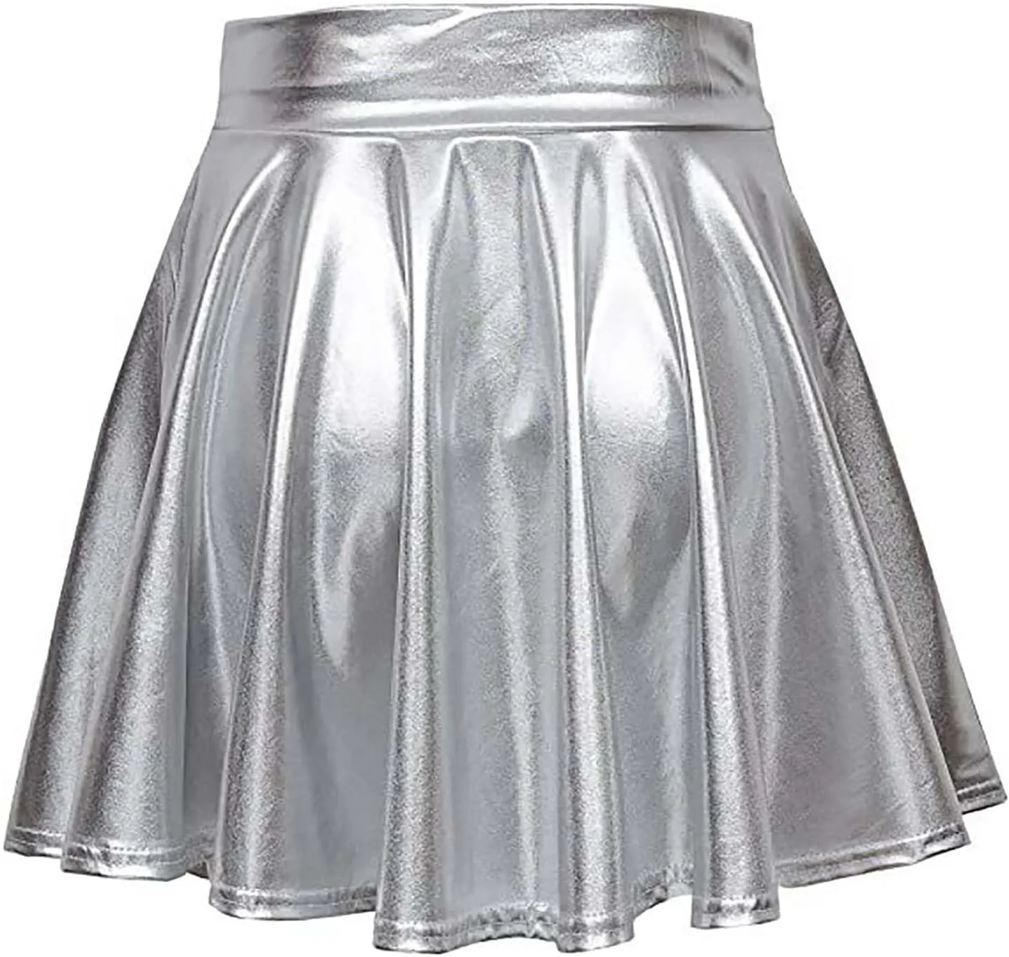 Women's Glossy PVC Leather Flared Skirt Shiny Glitter Holographic A Line Mini Skirts Nightclub Rave Pleated PU Skirt