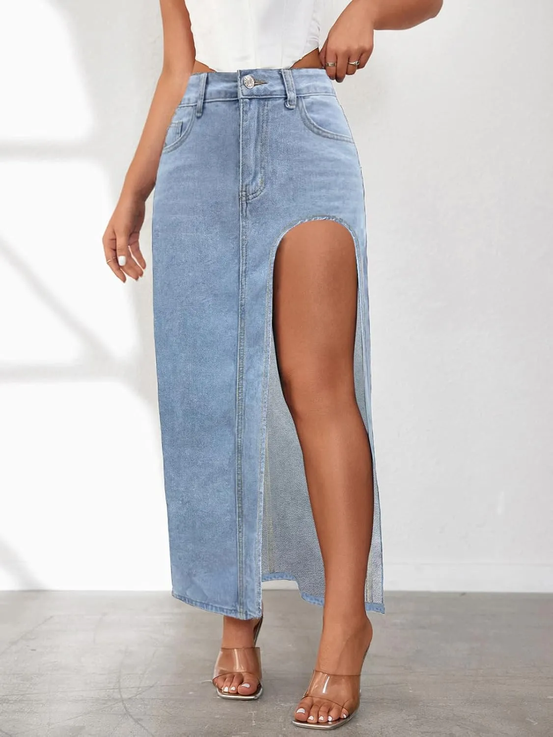 Women's High Slit Denim Long Skirt, Sexy Slim Fit Pencil Jean Skirts High Waist Casual Trendy Clothes with Pockets