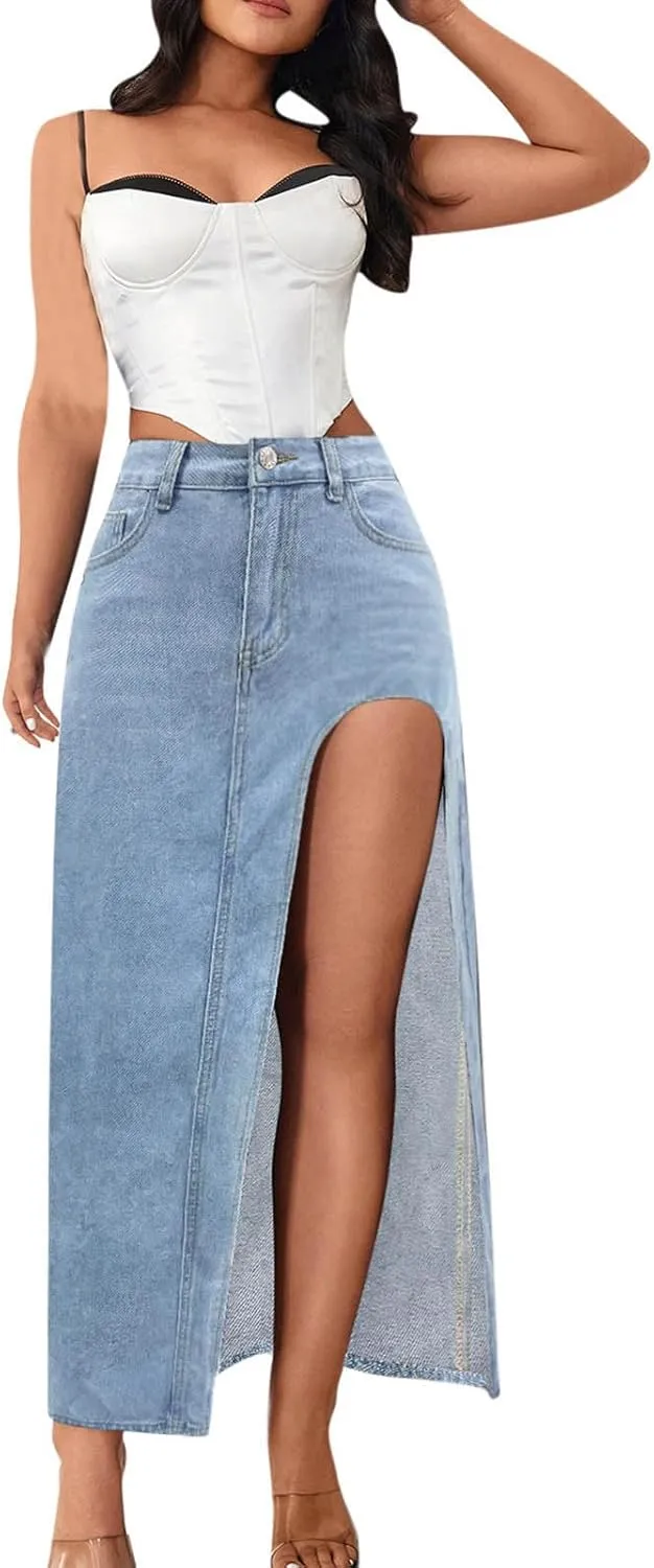 Women's High Slit Denim Long Skirt, Sexy Slim Fit Pencil Jean Skirts High Waist Casual Trendy Clothes with Pockets