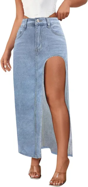 Women's High Slit Denim Long Skirt, Sexy Slim Fit Pencil Jean Skirts High Waist Casual Trendy Clothes with Pockets