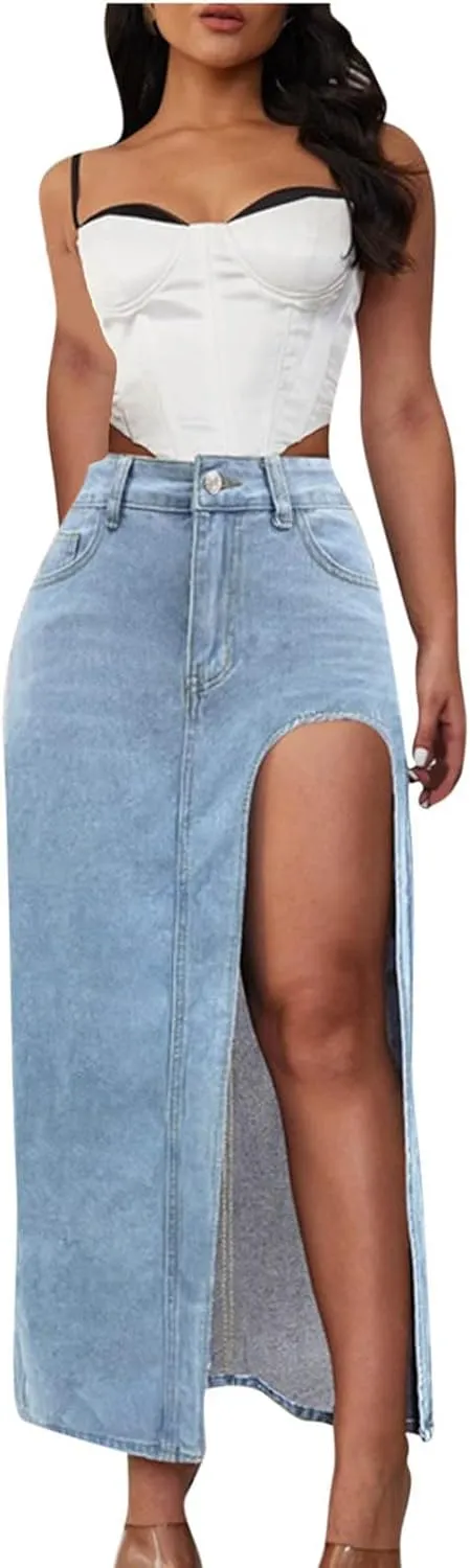 Women's High Slit Denim Long Skirt, Sexy Slim Fit Pencil Jean Skirts High Waist Casual Trendy Clothes with Pockets