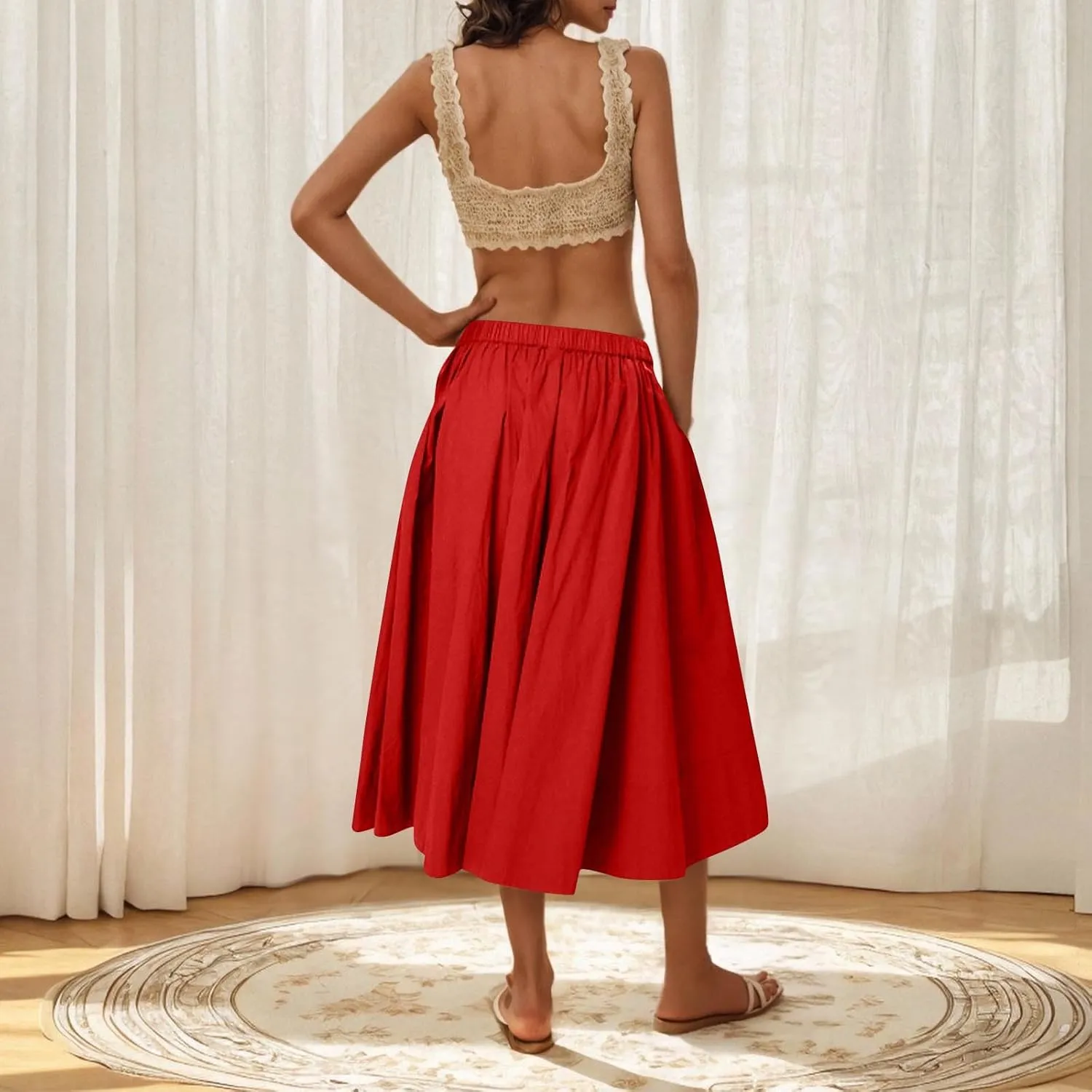 Womens Midi Skirts Casual Elastic High Waisted Pleated Flowy Long Skirts Trendy Cute Skirts Beach Vacation Outfits