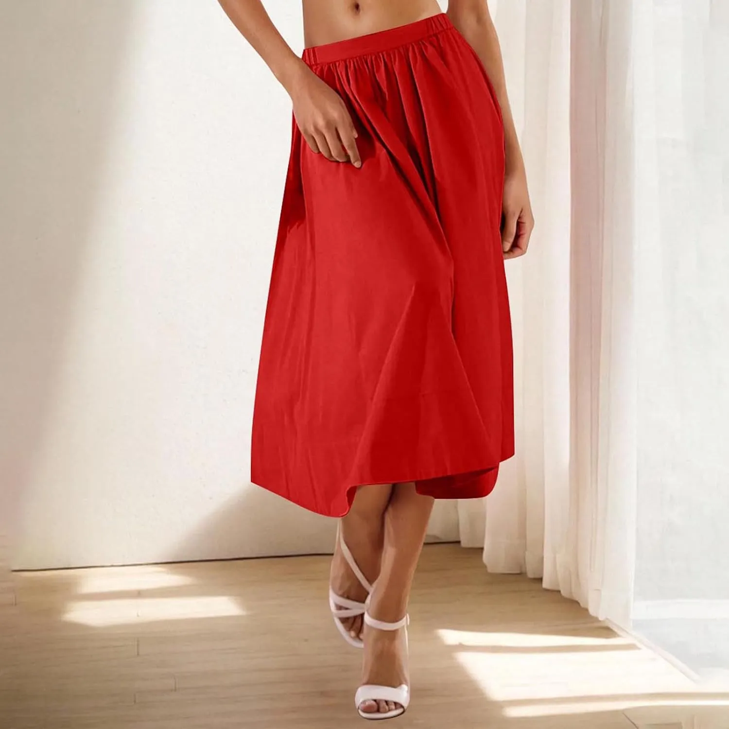 Womens Midi Skirts Casual Elastic High Waisted Pleated Flowy Long Skirts Trendy Cute Skirts Beach Vacation Outfits