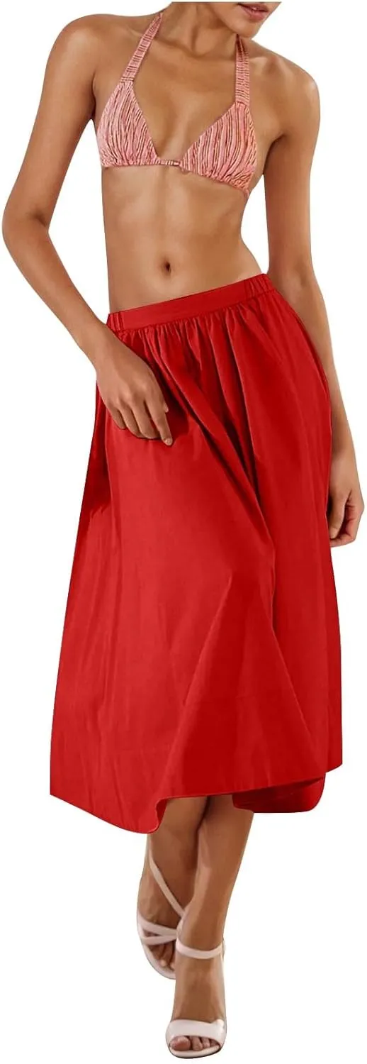 Womens Midi Skirts Casual Elastic High Waisted Pleated Flowy Long Skirts Trendy Cute Skirts Beach Vacation Outfits