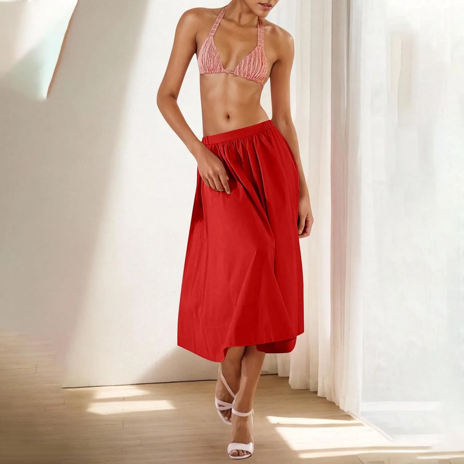 Womens Midi Skirts Casual Elastic High Waisted Pleated Flowy Long Skirts Trendy Cute Skirts Beach Vacation Outfits