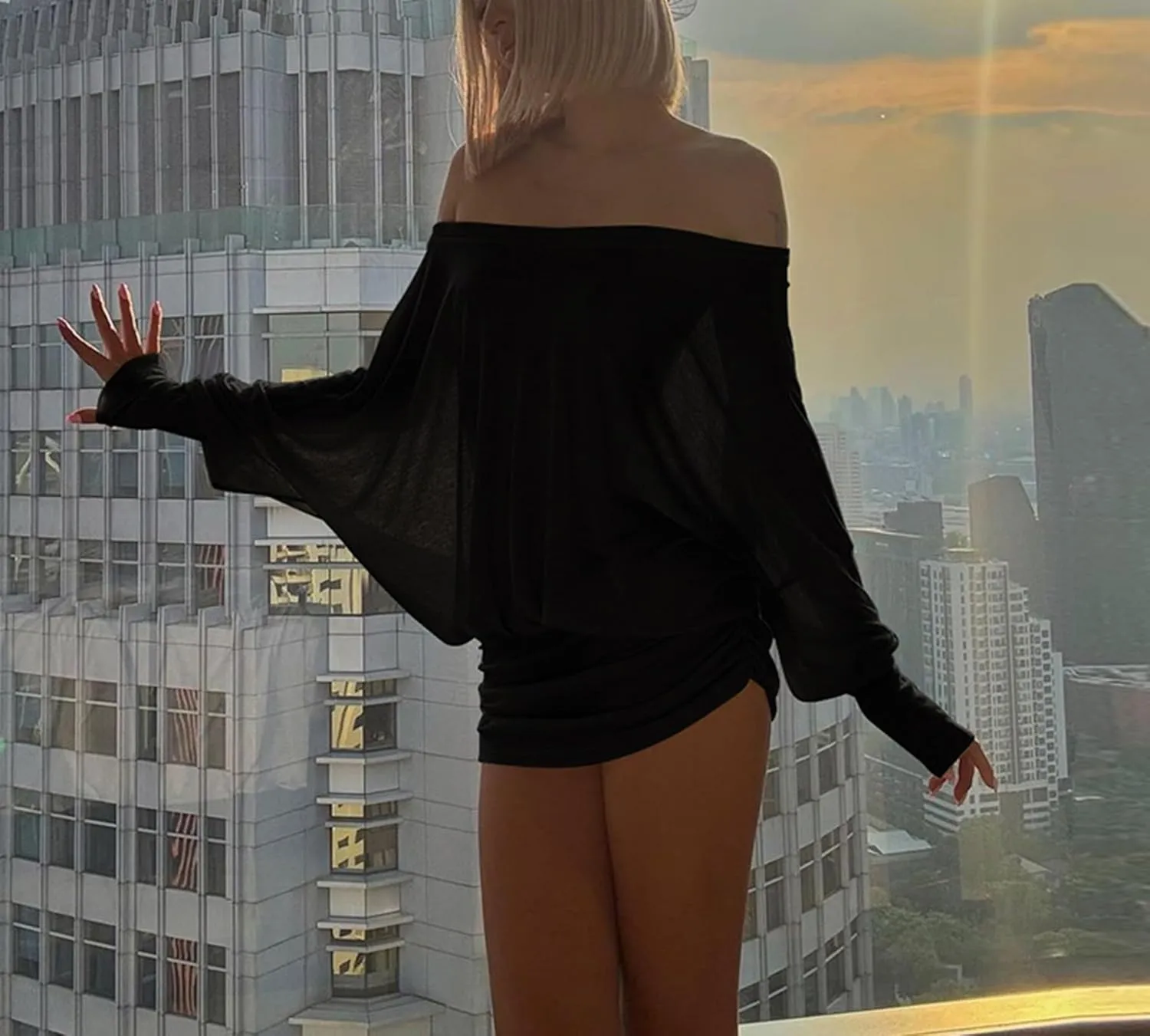 Womens Off The Shoulder Mini Dress Ruched Batwing Sleeve Strapless Dress Y2K Long Sleeve Nightout Streetwear Club Slim Skirt