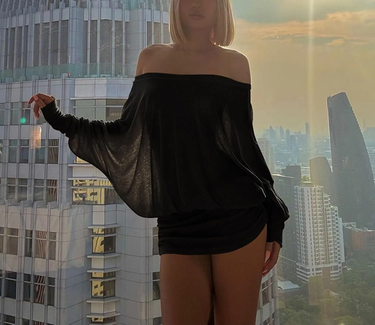Womens Off The Shoulder Mini Dress Ruched Batwing Sleeve Strapless Dress Y2K Long Sleeve Nightout Streetwear Club Slim Skirt