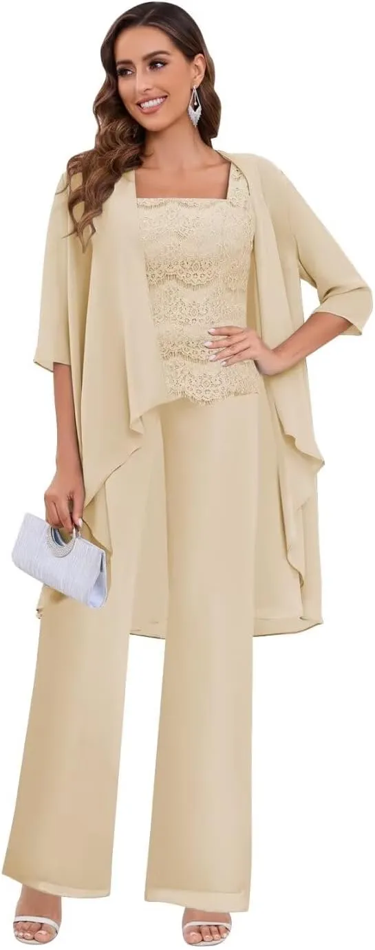 Women's Pant Suits for Wedding 3 Piece Chiffon Lace Mother of The Bride Pantsuit Formal Outfit