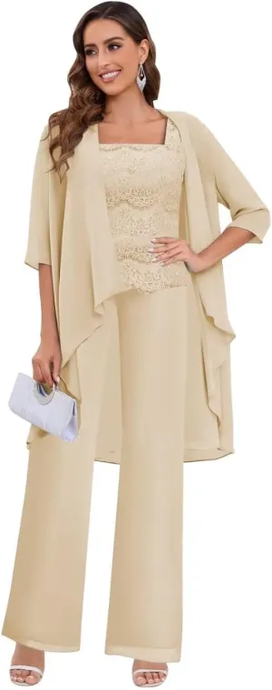 Women's Pant Suits for Wedding 3 Piece Chiffon Lace Mother of The Bride Pantsuit Formal Outfit