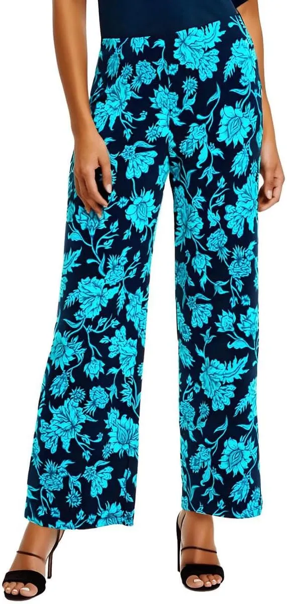 Womens Petites Floral Print Wide Leg Pants