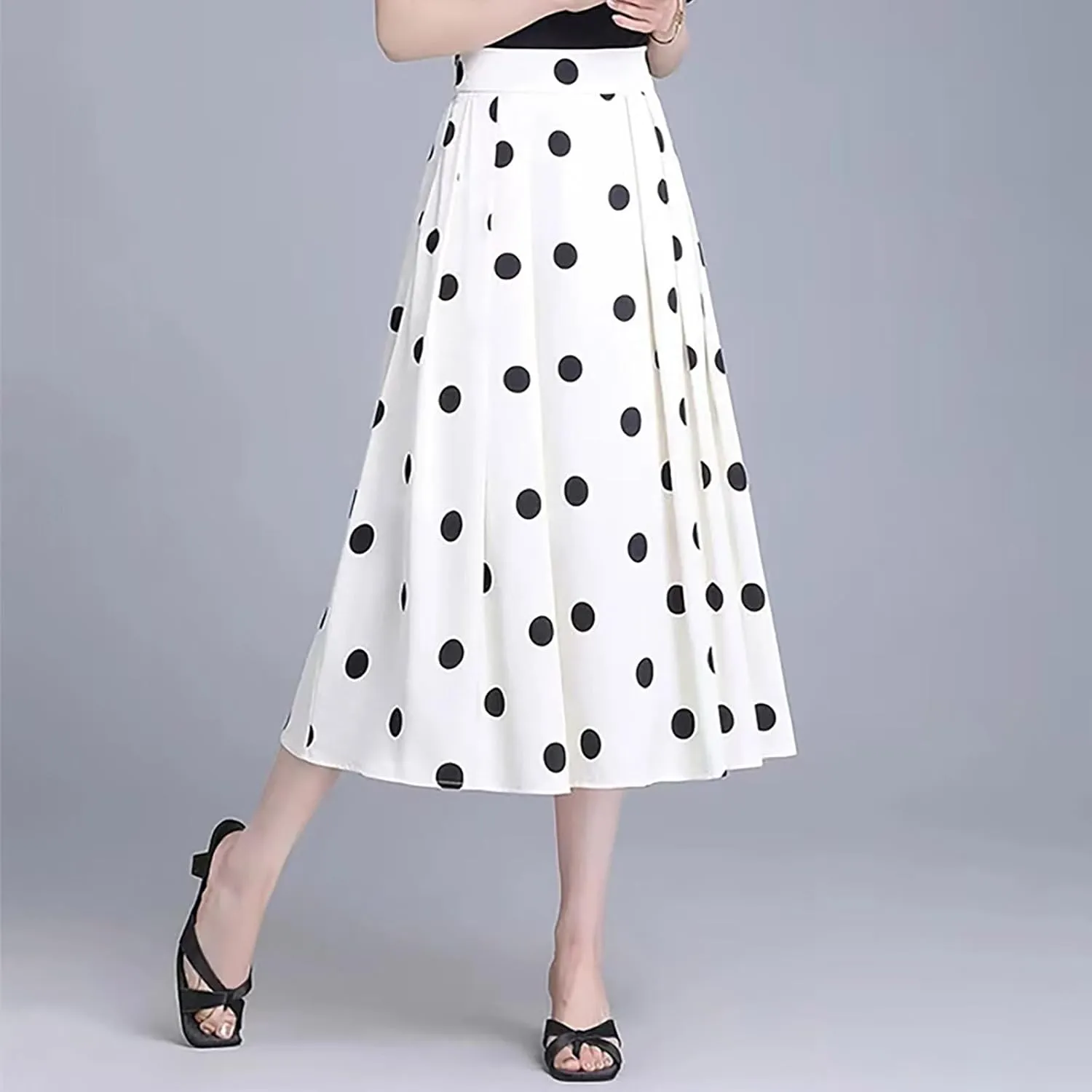 Women's Polka Dots Skirt Dressy Casual Vintage Cute Flared Elastic High Waisted A-Line Swing Pleated Long Skirts