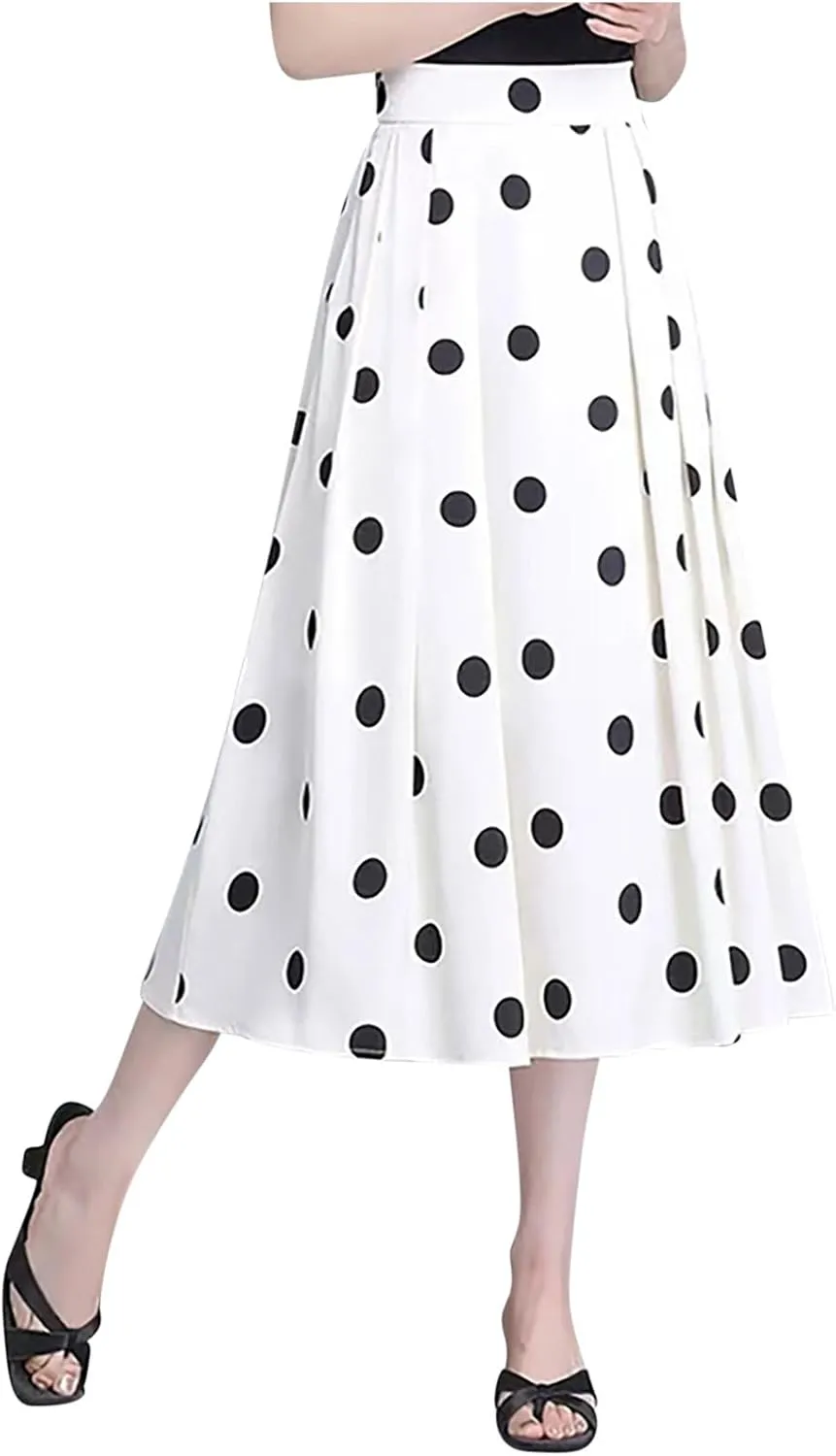Women's Polka Dots Skirt Dressy Casual Vintage Cute Flared Elastic High Waisted A-Line Swing Pleated Long Skirts
