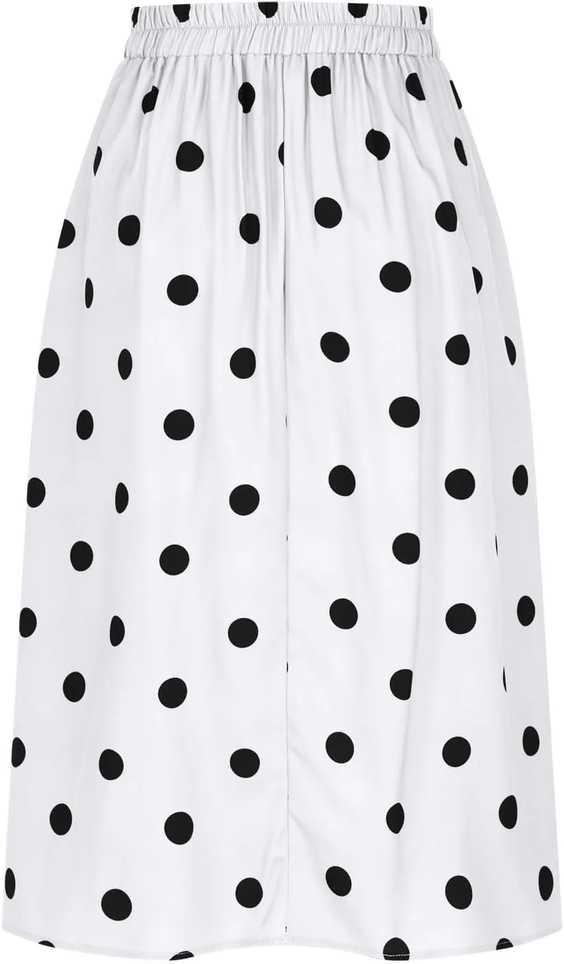 Women's Polka Dots Skirt Dressy Casual Vintage Cute Flared Elastic High Waisted A-Line Swing Pleated Long Skirts