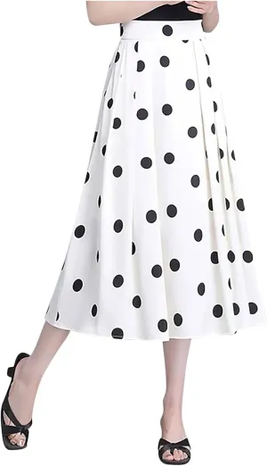 Women's Polka Dots Skirt Dressy Casual Vintage Cute Flared Elastic High Waisted A-Line Swing Pleated Long Skirts
