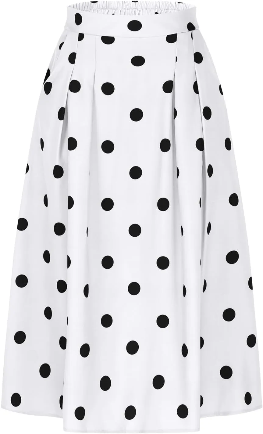 Women's Polka Dots Skirt Dressy Casual Vintage Cute Flared Elastic High Waisted A-Line Swing Pleated Long Skirts