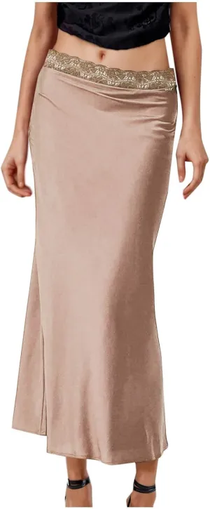 Womens Satin Silk Maxi Skirts Flared Dressy Casual Cocktail Party Evening Lace High Waist A-Line Mermaid Long Skirt
