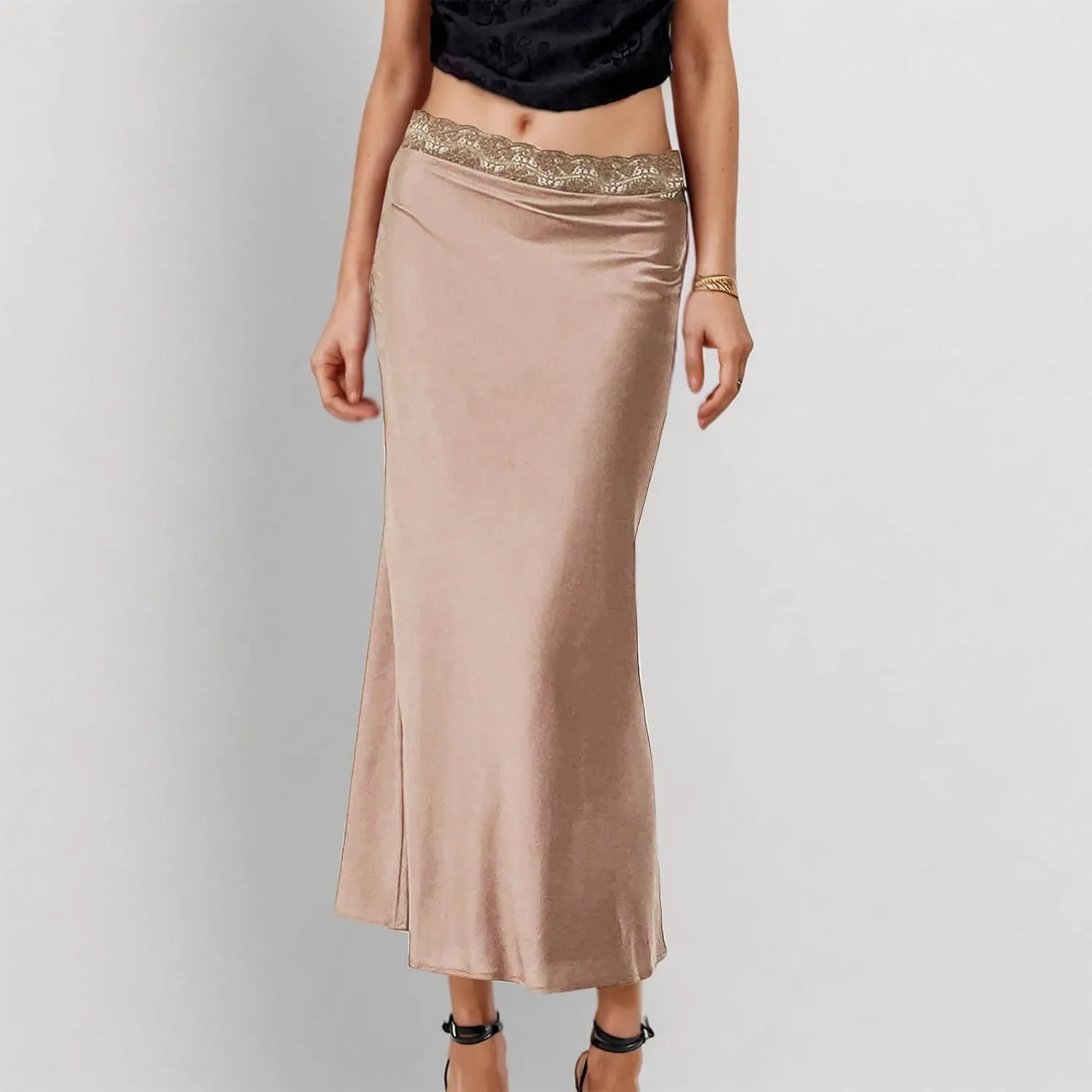 Womens Satin Silk Maxi Skirts Flared Dressy Casual Cocktail Party Evening Lace High Waist A-Line Mermaid Long Skirt