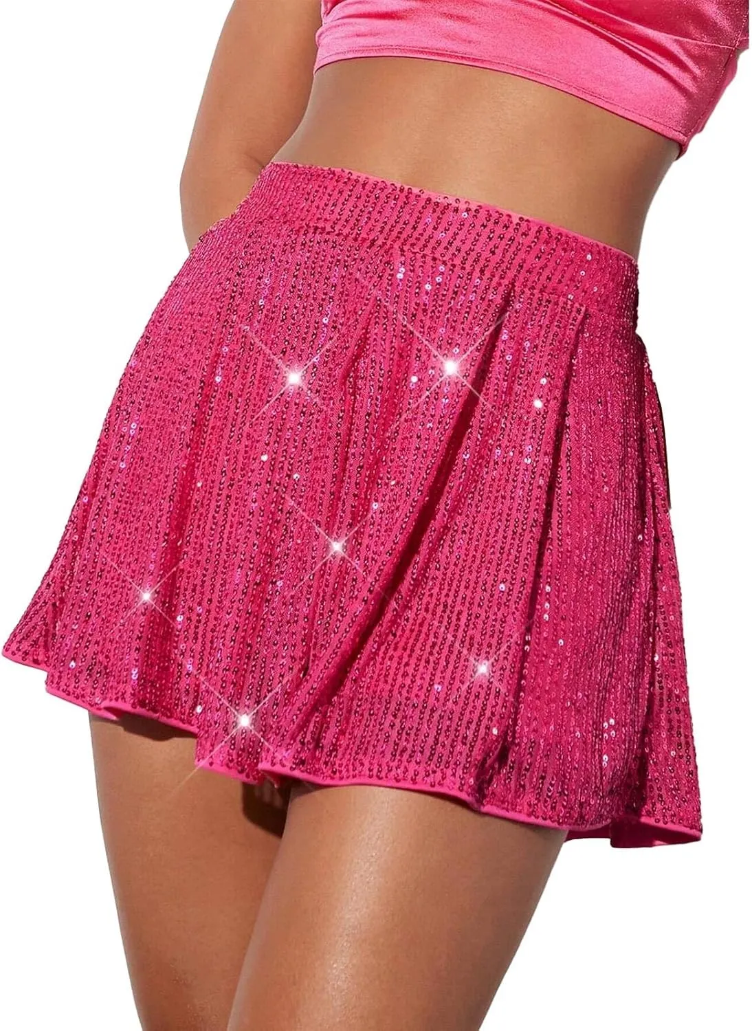 Women's Sequin Glitter High Waisted Skirt Shorts Sparkly A Line Skort Plaid Skirt Plus Size