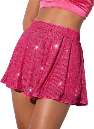 Women's Sequin Glitter High Waisted Skirt Shorts Sparkly A Line Skort Plaid Skirt Plus Size