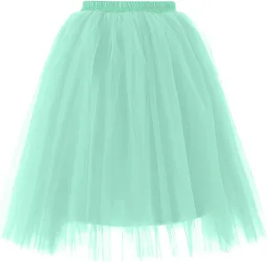 Women's Summer Casual Loose Trendy Elastic High Waist Solid Color Fluffy Mesh Party Flowy A-Line Latin Skirts, M-XL