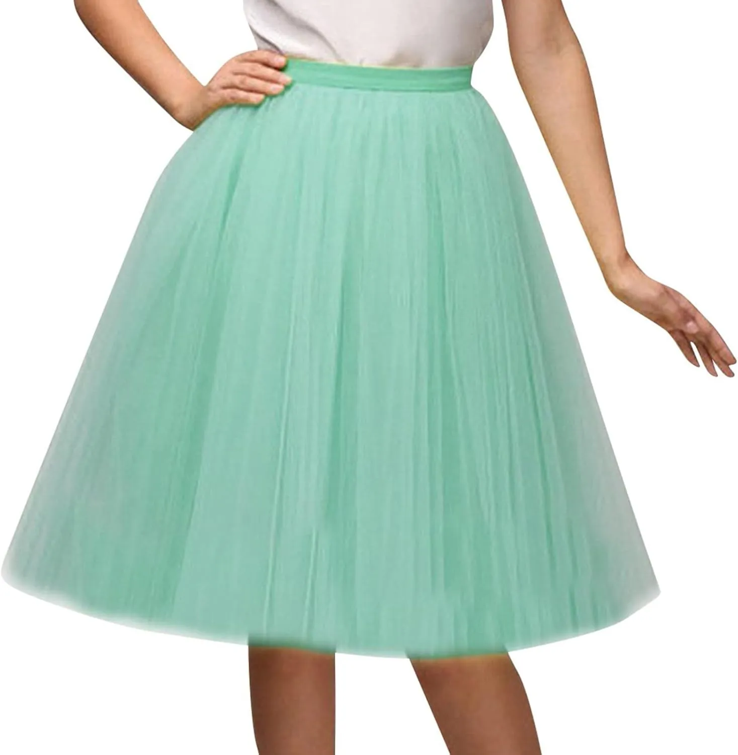 Women's Summer Casual Loose Trendy Elastic High Waist Solid Color Fluffy Mesh Party Flowy A-Line Latin Skirts, M-XL