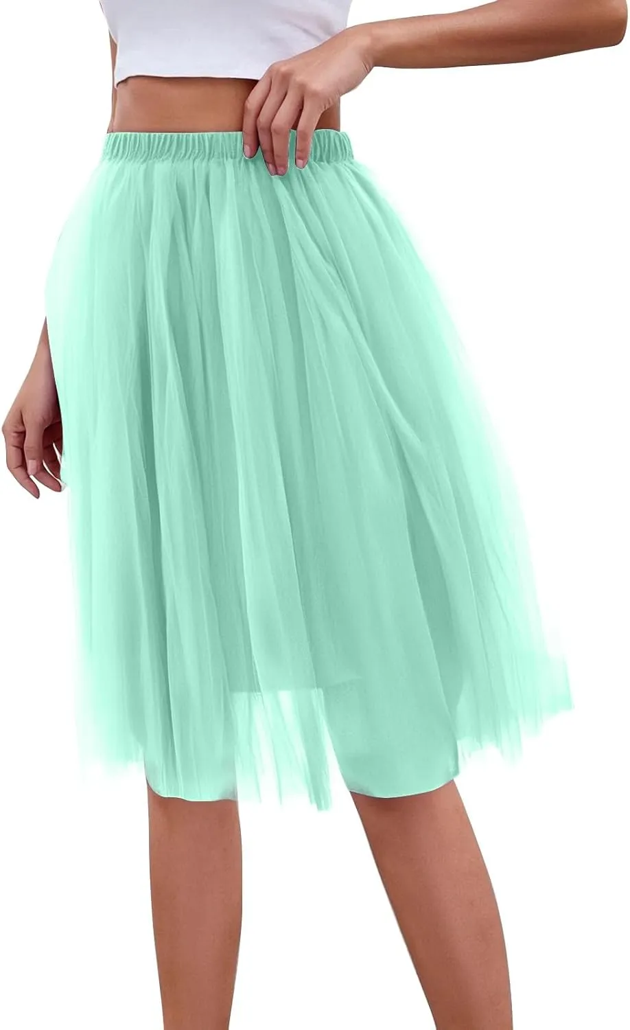 Women's Summer Casual Loose Trendy Elastic High Waist Solid Color Fluffy Mesh Party Flowy A-Line Latin Skirts, M-XL