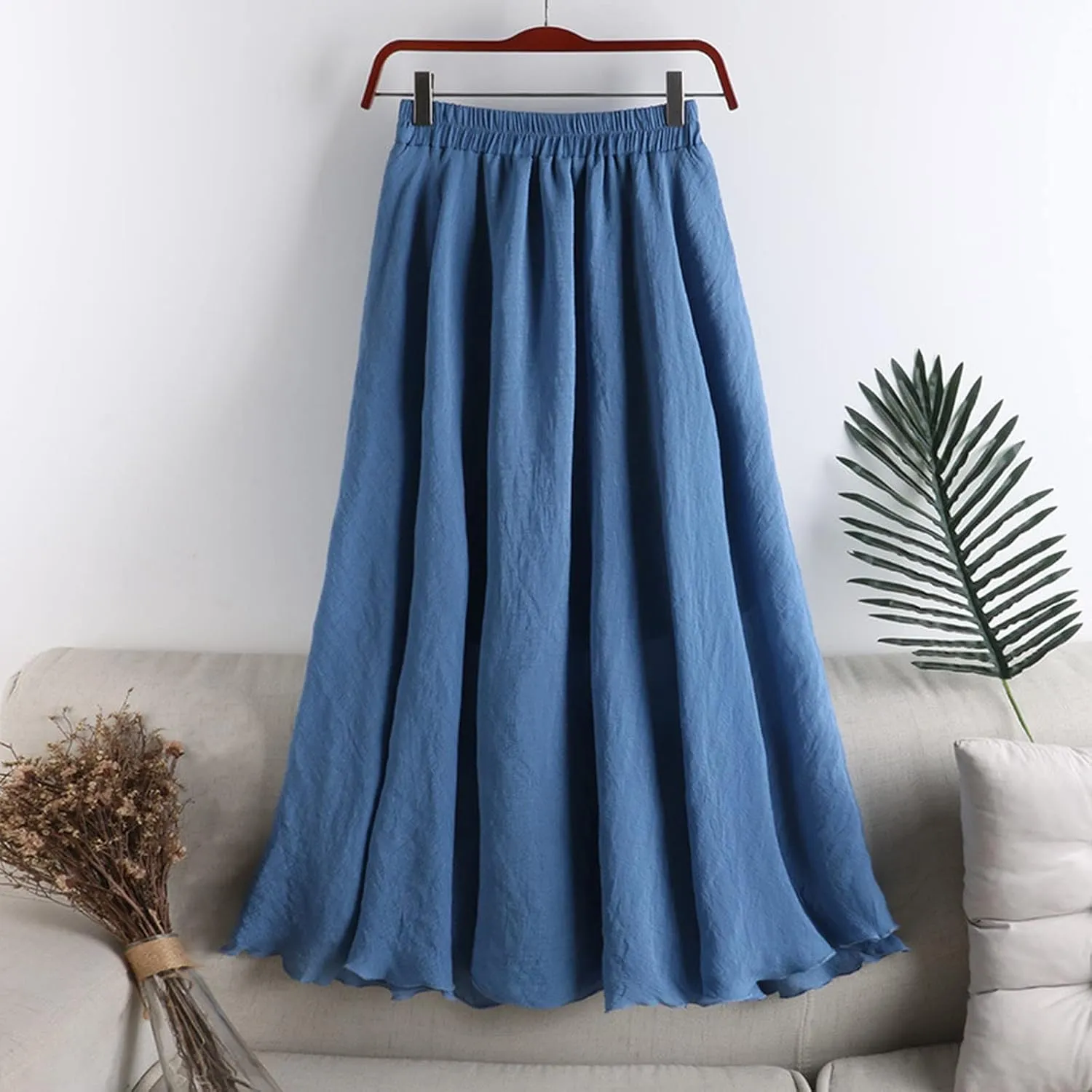 Women's Summer Cotton and Half Skirt High Waisted Slimming Mid Length A Line Loose Elastic Belt Skirt Fashion