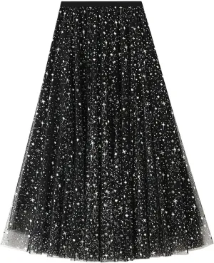Womens Tutu Skirts Sequin Long Skirt Sparkly Tulle Skirts A Line Fairy Skirt Evening Party Skirts Cocktail Skirt