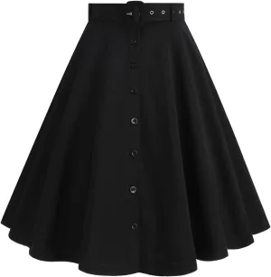 Women's Vintage Pleated High Waist Skirt Cocktail Party A-Line Waist Tie Solid Color Button Down Swing Midi Skirts