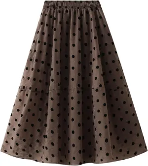 Women's Vintage Polka Dots Tulle Skirts Elastic Waist A Line Pleated Ruffle Midi Skirt Summer Loose Flowy Skirts
