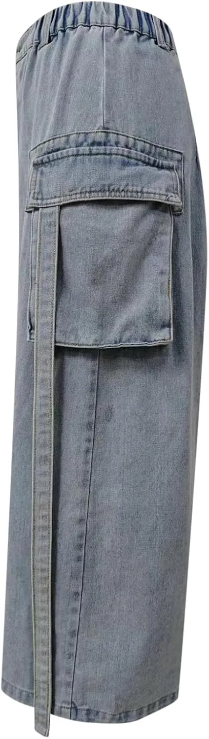 Women's Y2K Long Cargo Elastic High Waisted Denim Maxi Skirts Fashion Vintage Split Front Jean Skirt with Pockets