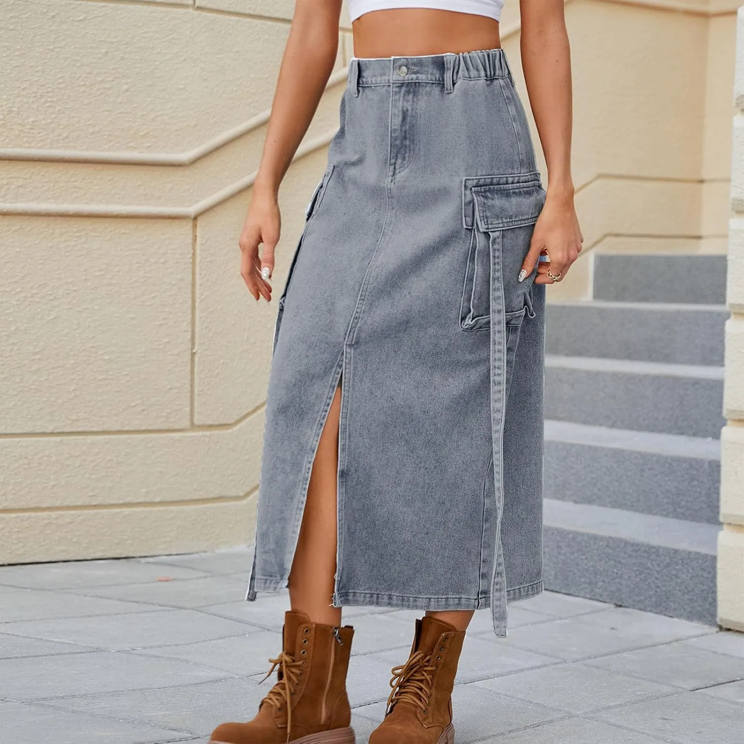 Women's Y2K Long Cargo Elastic High Waisted Denim Maxi Skirts Fashion Vintage Split Front Jean Skirt with Pockets