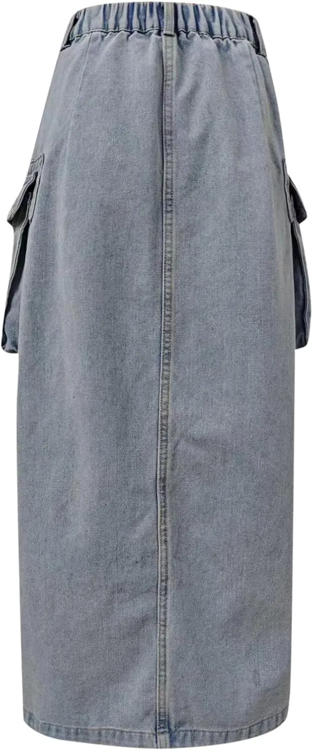 Women's Y2K Long Cargo Elastic High Waisted Denim Maxi Skirts Fashion Vintage Split Front Jean Skirt with Pockets
