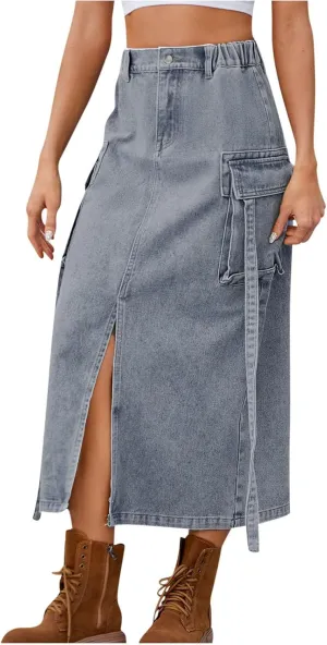 Women's Y2K Long Cargo Elastic High Waisted Denim Maxi Skirts Fashion Vintage Split Front Jean Skirt with Pockets
