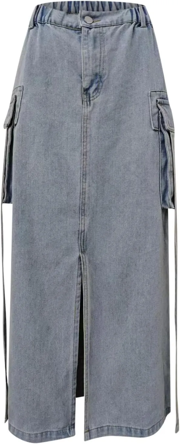 Women's Y2K Long Cargo Elastic High Waisted Denim Maxi Skirts Fashion Vintage Split Front Jean Skirt with Pockets