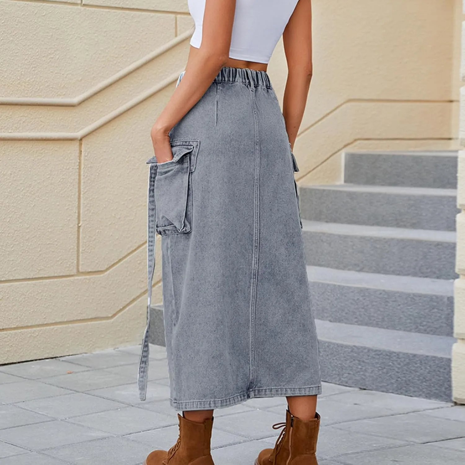 Women's Y2K Long Cargo Elastic High Waisted Denim Maxi Skirts Fashion Vintage Split Front Jean Skirt with Pockets