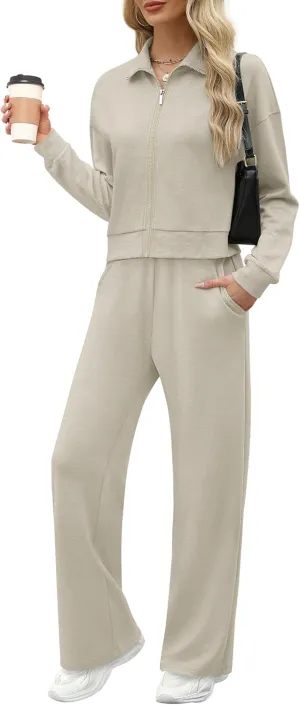 XIEERDUO Lounge Sets for Women 2025 Sweatsuit 2 Piece Outfits Sweatshirt Wide Leg Sweatpant Tracksuit Matching Set