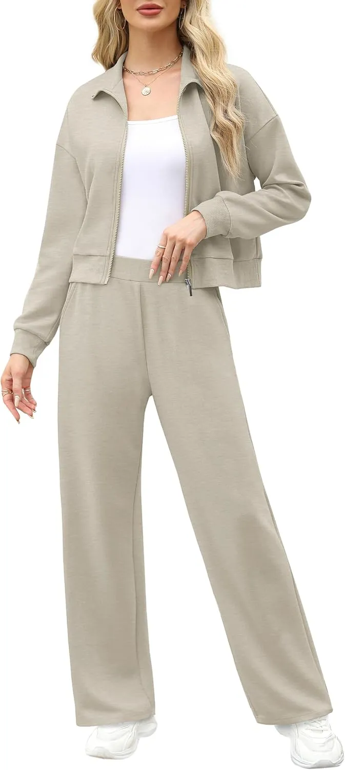 XIEERDUO Lounge Sets for Women 2025 Sweatsuit 2 Piece Outfits Sweatshirt Wide Leg Sweatpant Tracksuit Matching Set