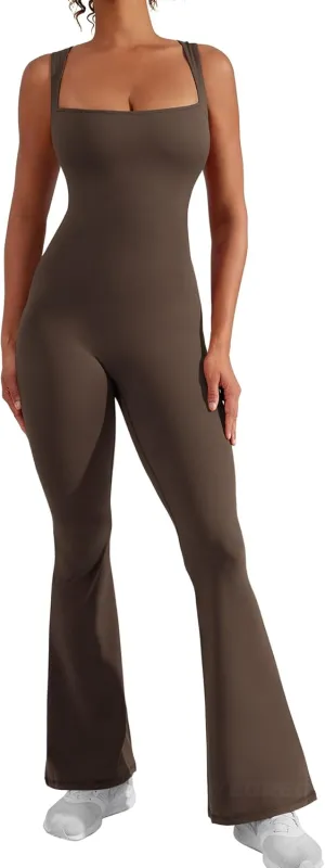 YEOREO Women Flare Jumpsuits Gym Sleeveless Square Neck Full Length Yoga Jumpsuit