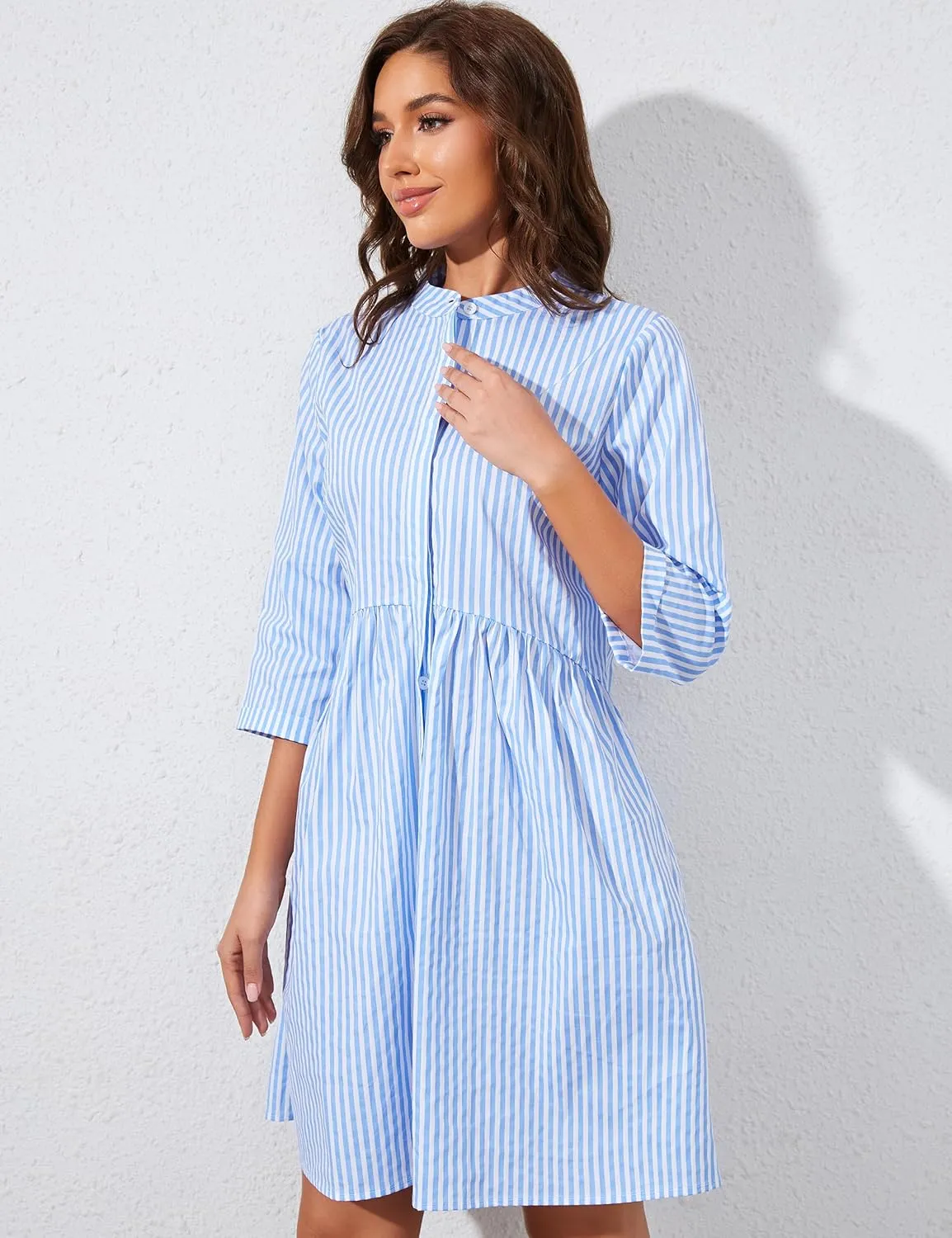 Ythomm Womens Striped Shirt Dresses Casual Button Down Collared Tunic Blouse Mini Dress Loose Fit 3/4 Sleeve Patchwork Dress