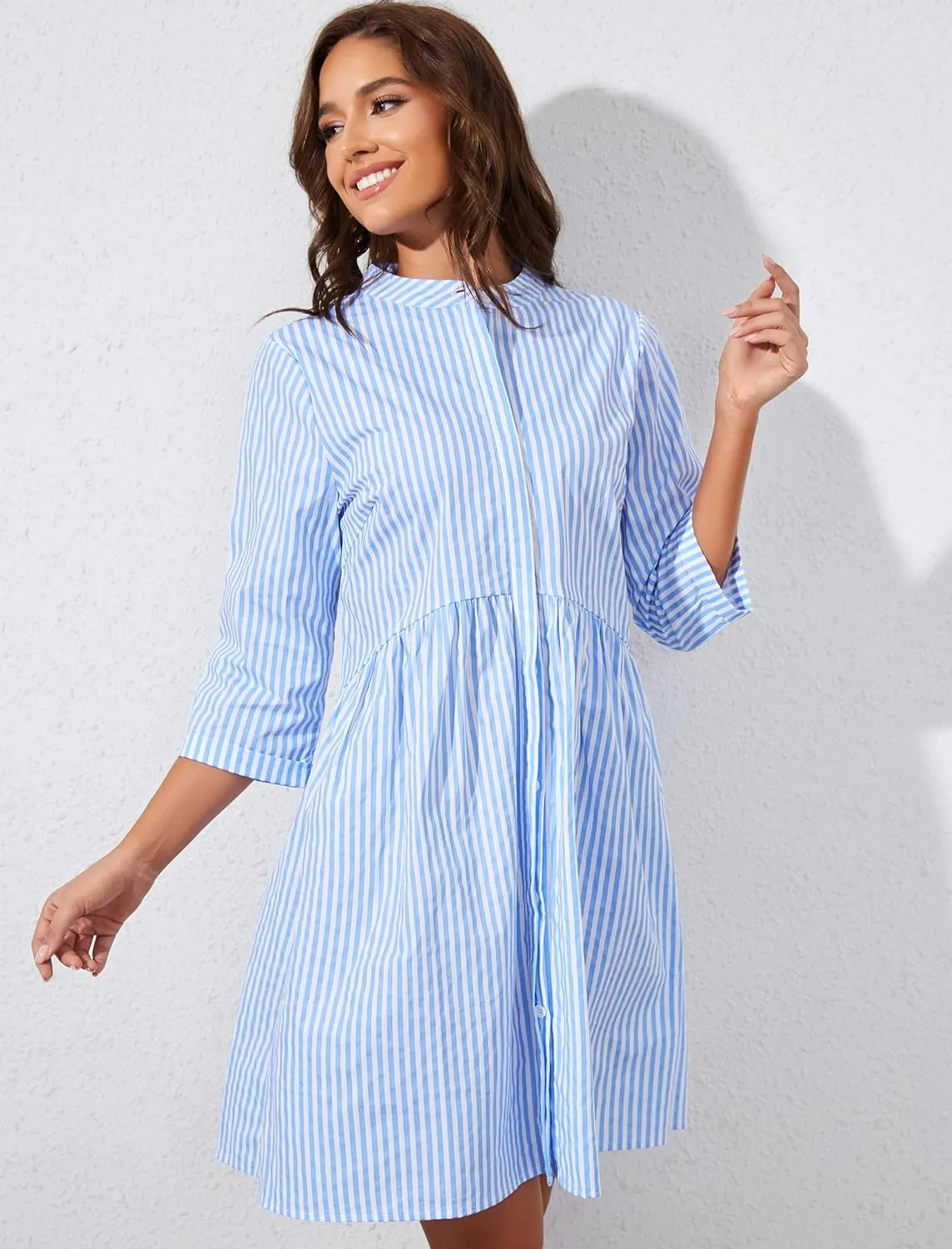 Ythomm Womens Striped Shirt Dresses Casual Button Down Collared Tunic Blouse Mini Dress Loose Fit 3/4 Sleeve Patchwork Dress