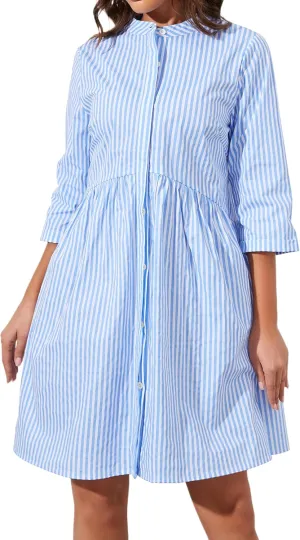 Ythomm Womens Striped Shirt Dresses Casual Button Down Collared Tunic Blouse Mini Dress Loose Fit 3/4 Sleeve Patchwork Dress