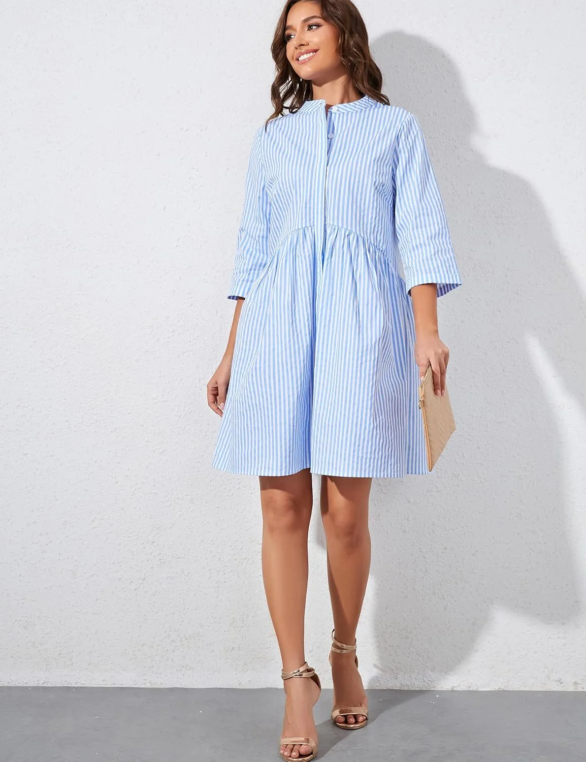 Ythomm Womens Striped Shirt Dresses Casual Button Down Collared Tunic Blouse Mini Dress Loose Fit 3/4 Sleeve Patchwork Dress